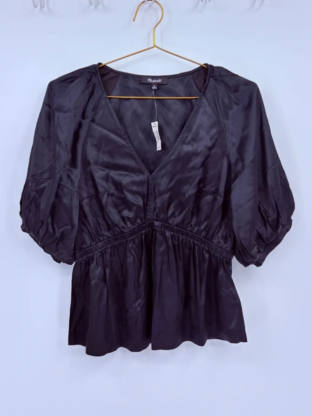 Madewell Black Silk Blend Peplum Blouse Puff Sleeve V Neck Top Medium